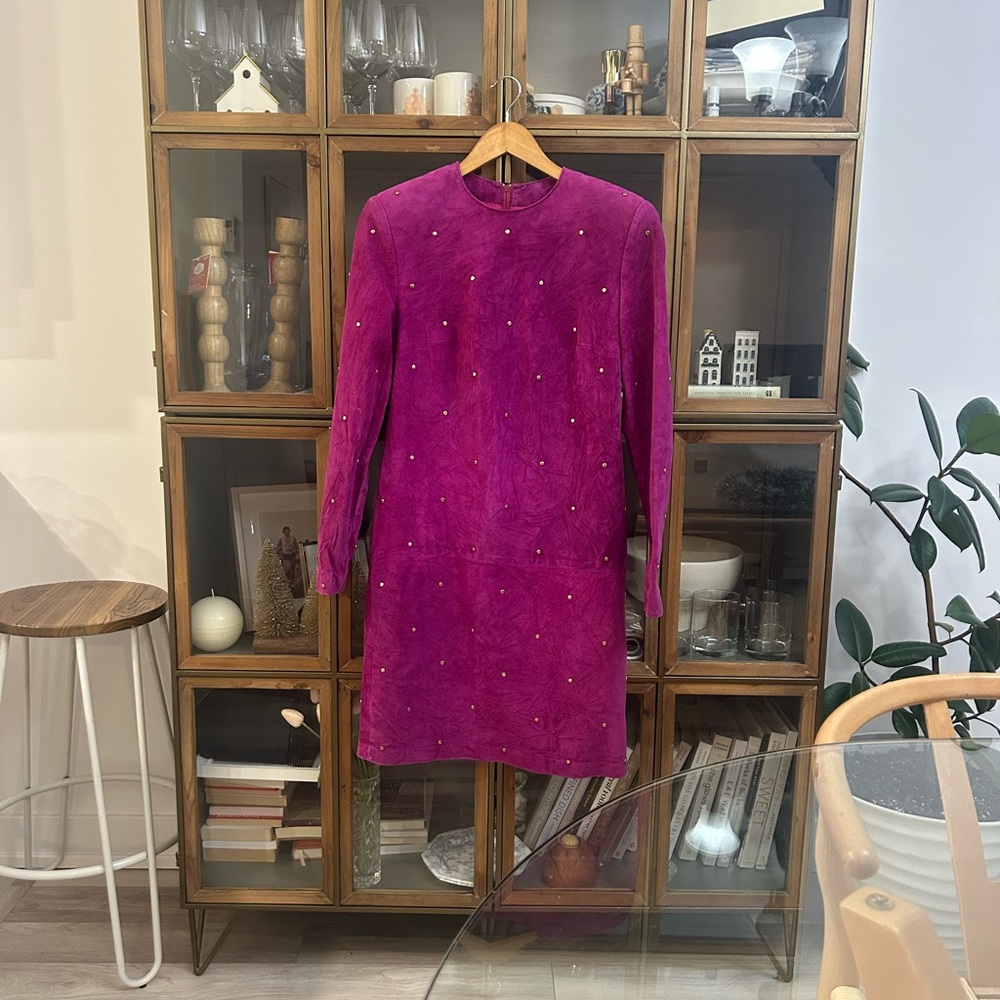 Vintage Daniel Leather Long Sleeve Fuchsia Suede Shift Dress with Stud Detail - Picture 1 of 13